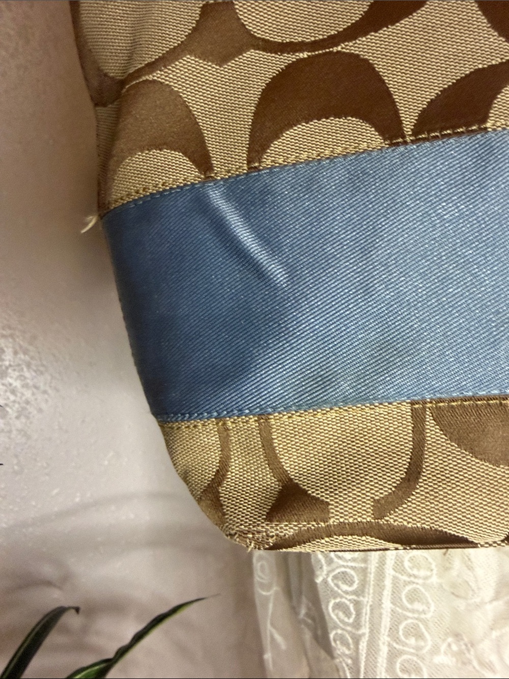 Coach Beige Signature Canvas Tote with Light Blue Trim - Picture 7 of 14